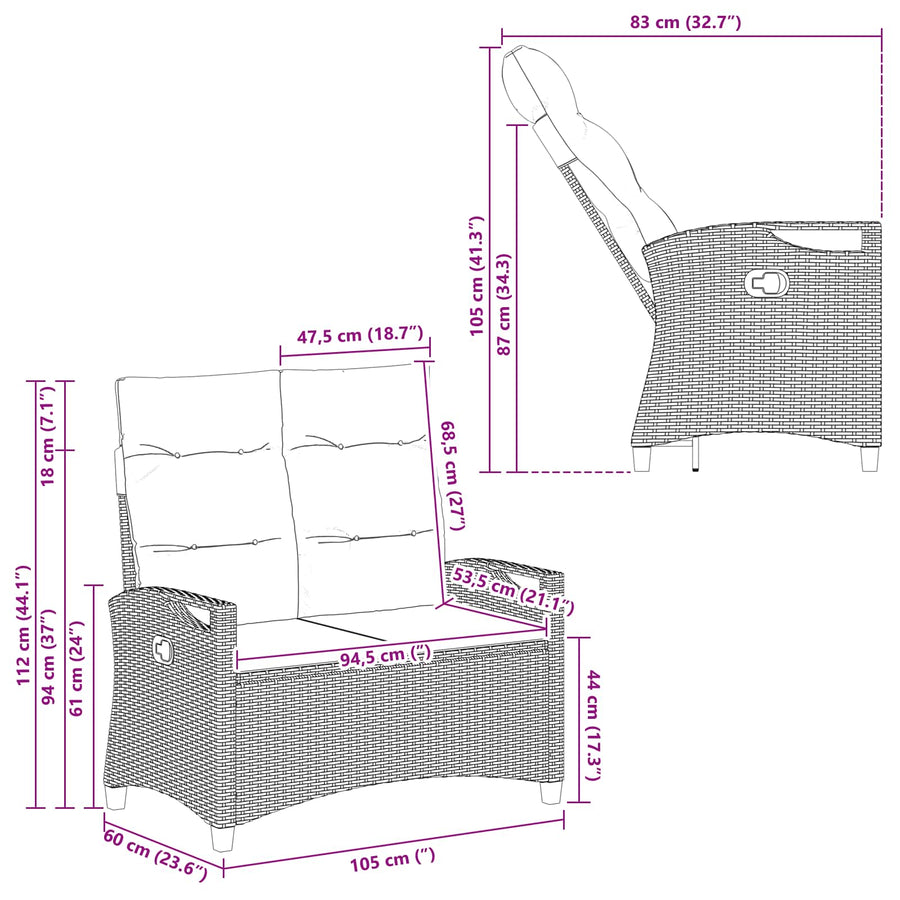 Tuinbank met kussen Zwart 105 x 60 x 112 cm Staal en Polyester