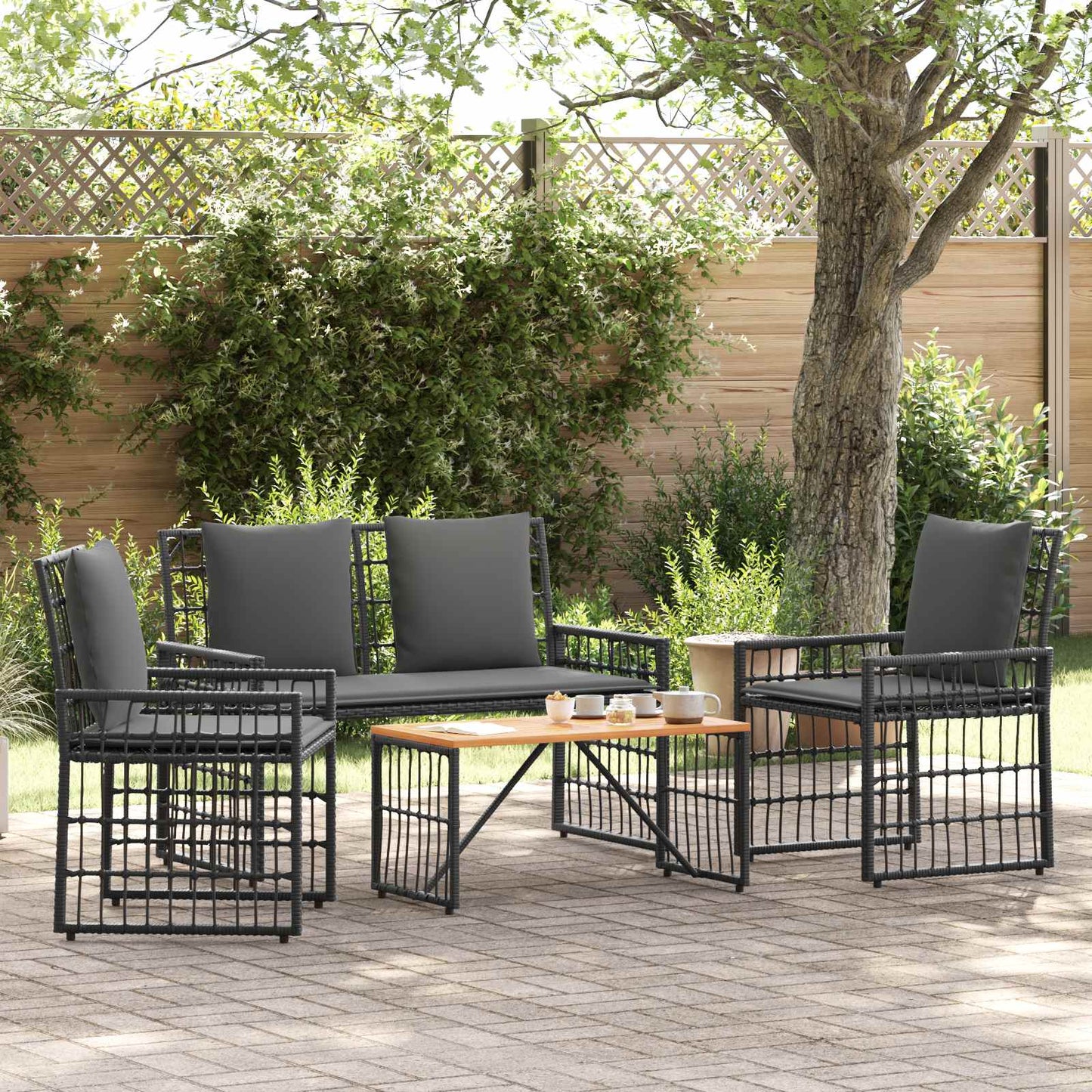 Buitenmeubelset 4 pcs Zwart en Donkergrijs Staal en Poly Rattan