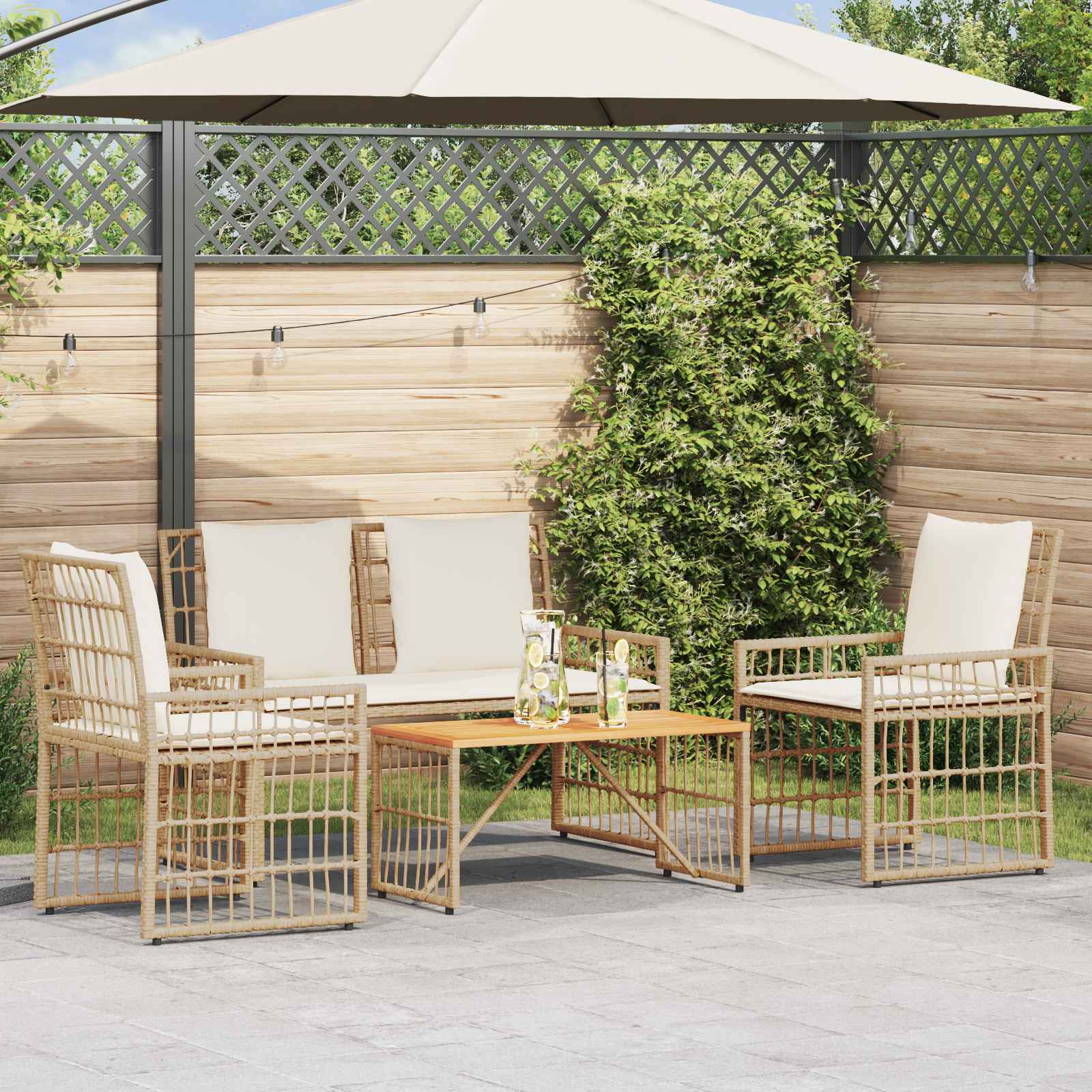 Buitenmeubelset met kussen 4 pcs Natuurlijk en Crème Wit