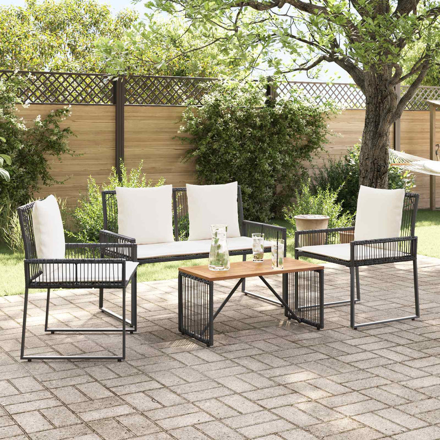 Tuinset met kussen 4 stuks Zwart en crème Wit polyrattan