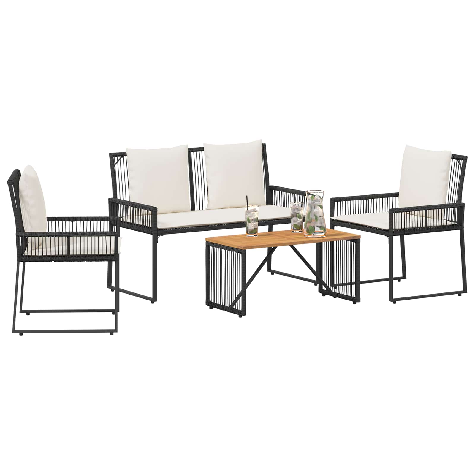 Tuinset met kussen 4 stuks Zwart en crème Wit polyrattan