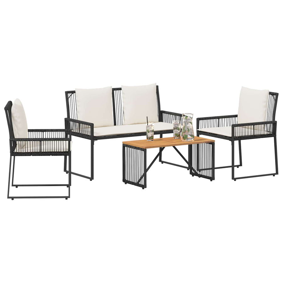 Tuinset met kussen 4 stuks Zwart en crème Wit polyrattan