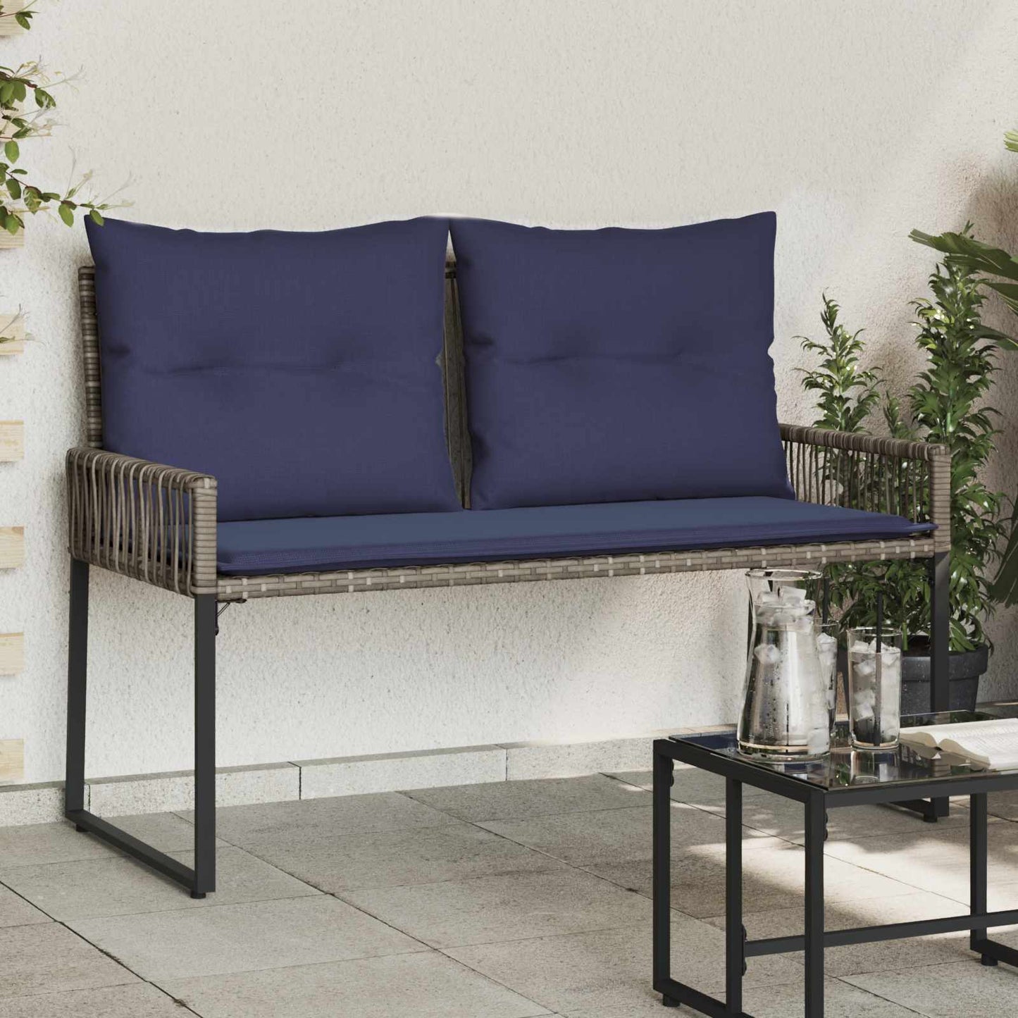 Tuinbank met kussen 4 pcs Grijs en Marineblauw poly rattan