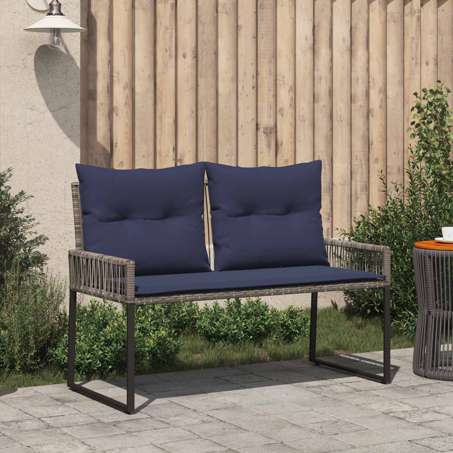 Tuinbank met kussen 4 pcs Grijs en Marineblauw poly rattan