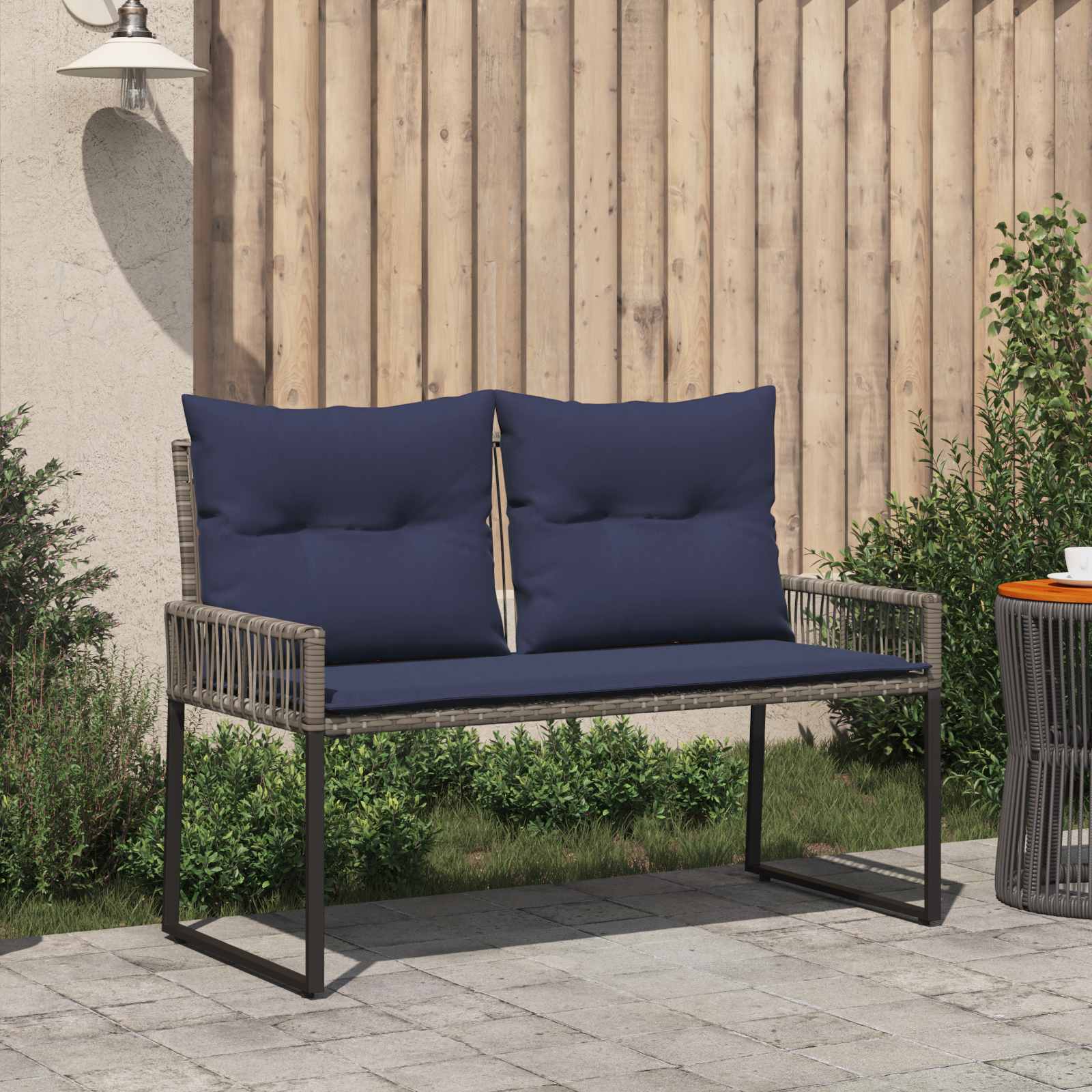 Tuinbank met kussen 4 pcs Grijs en Marineblauw poly rattan