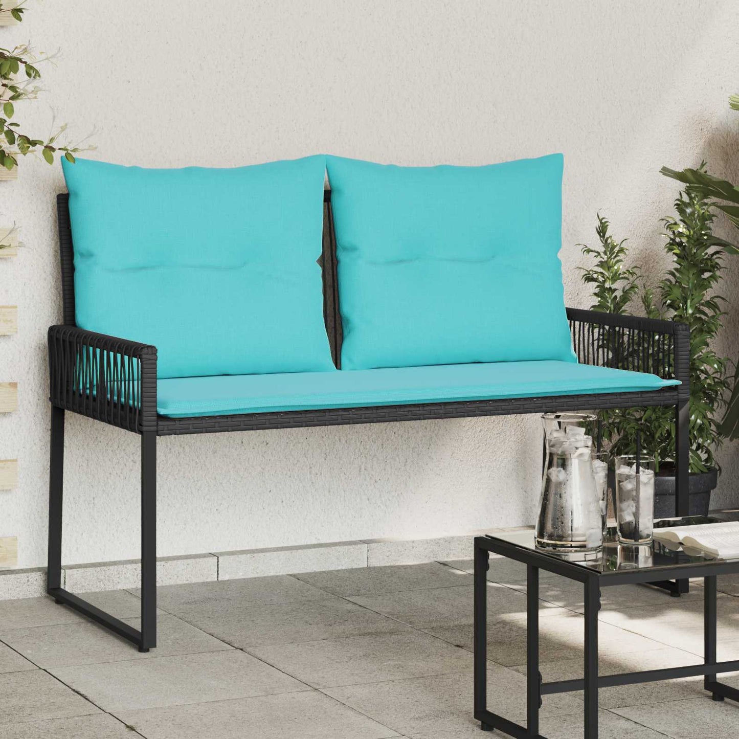 Tuinbank met kussen 4 pcs Zwart en Turquoise poly rattan