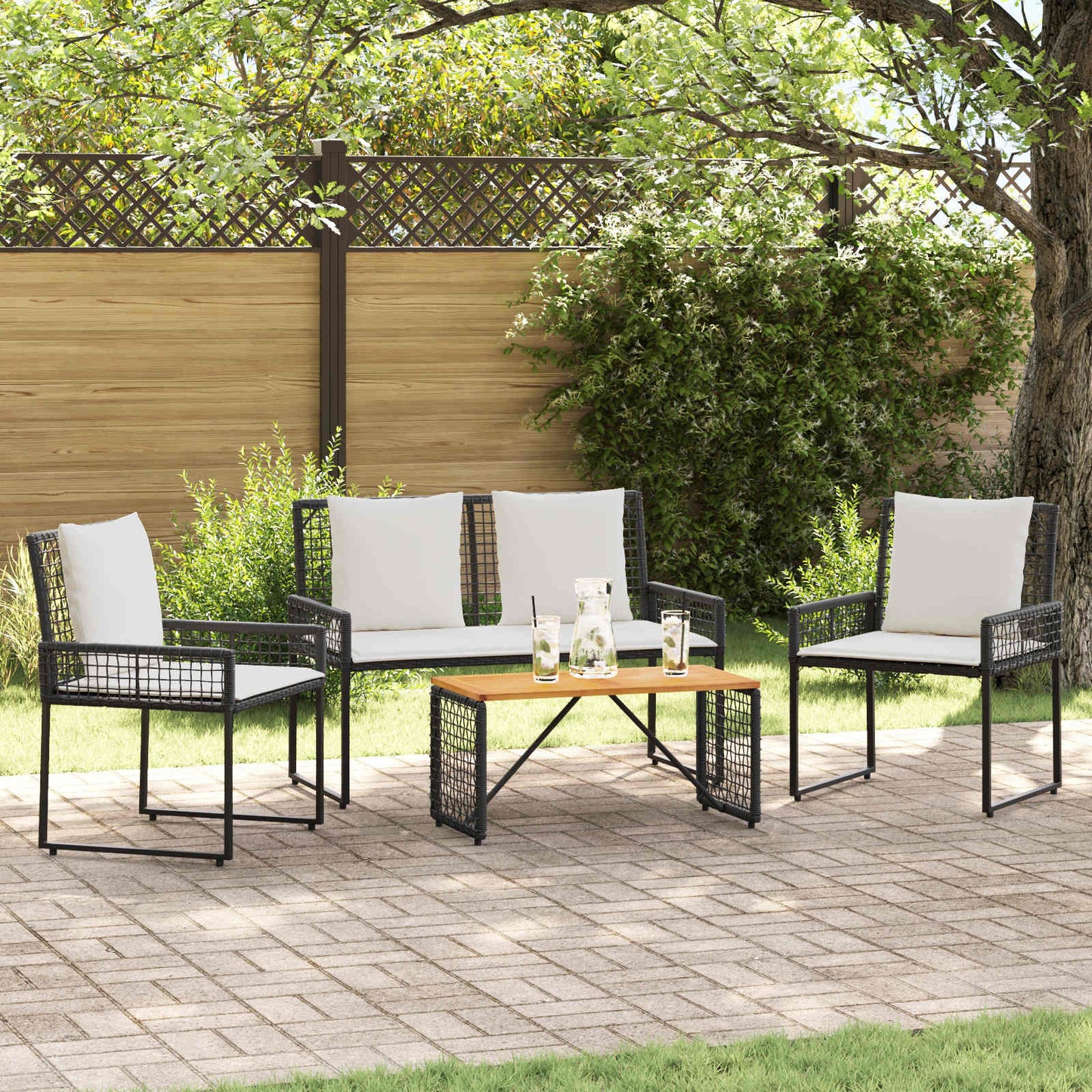 Buitenmeubelset met kussen 4 pcs Zwart en Cream Wit