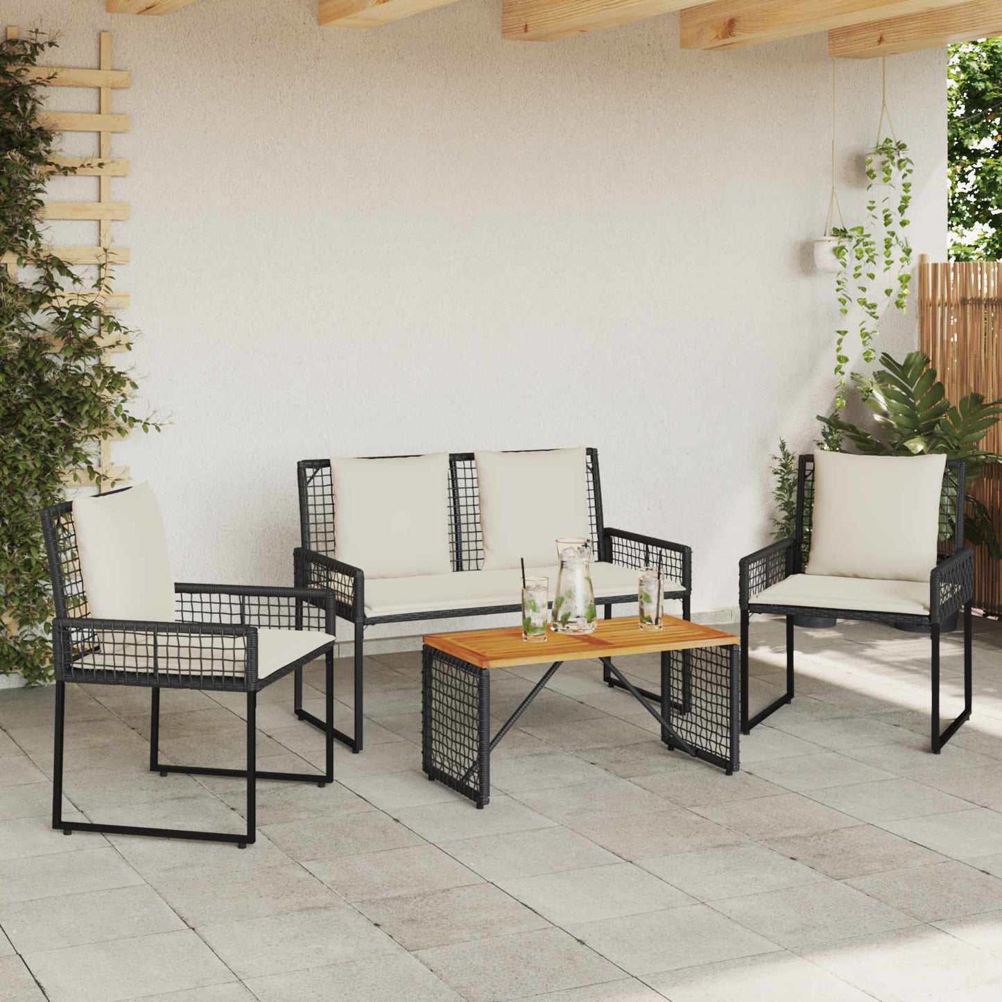 Buitenmeubelset met kussen 4 pcs Zwart en Cream Wit