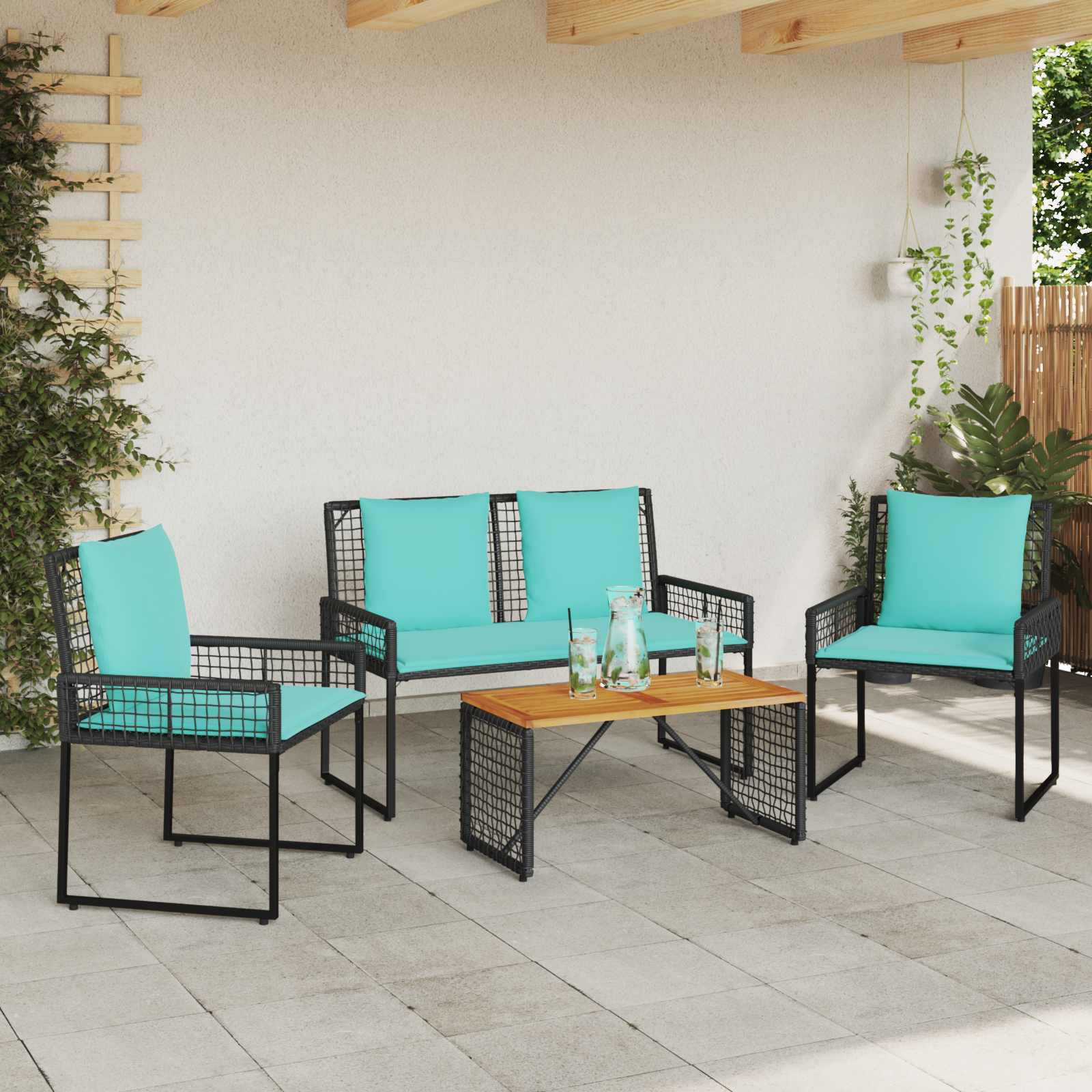 Buitenmeubelset met kussen 4 pcs Zwart en Turquoise