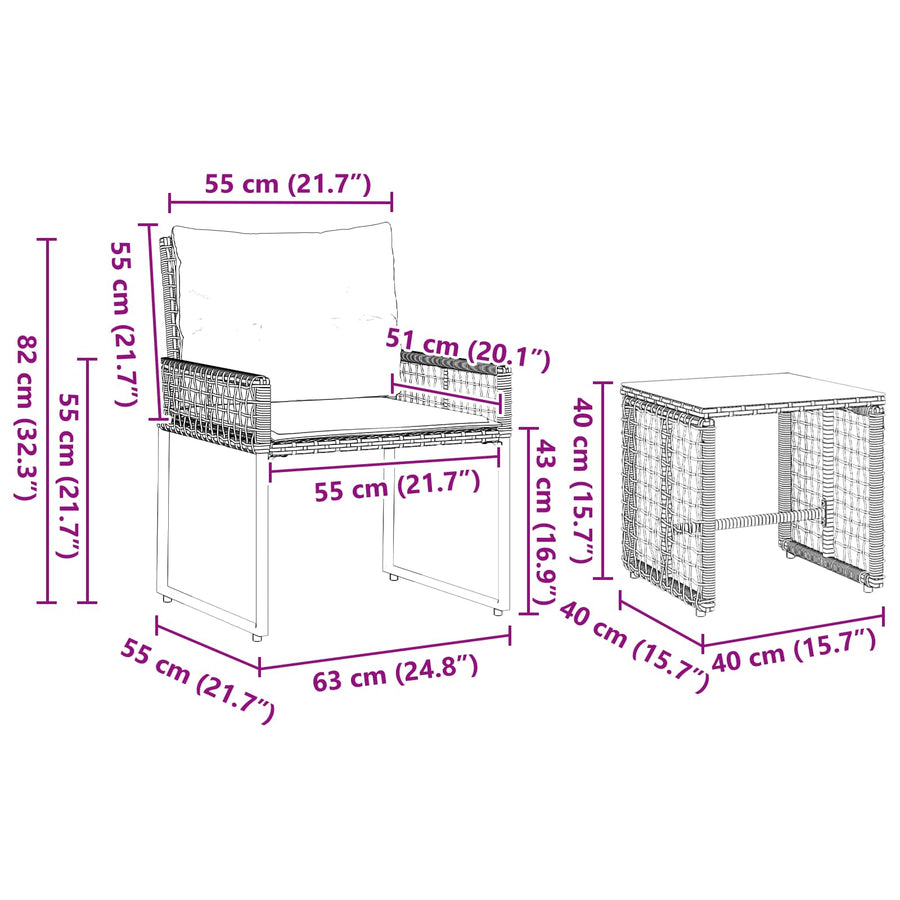 Buitenmeubelset met kussen 3 pcs Zwart en Wit