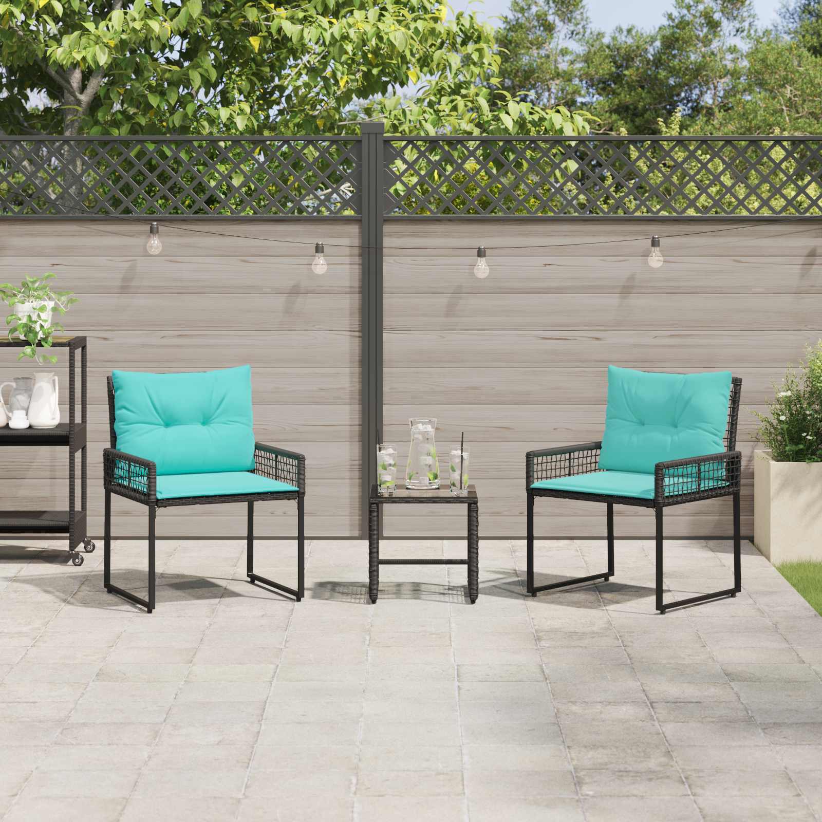 Buitenmeubelset met kussen 3 pcs Zwart en Turquoise