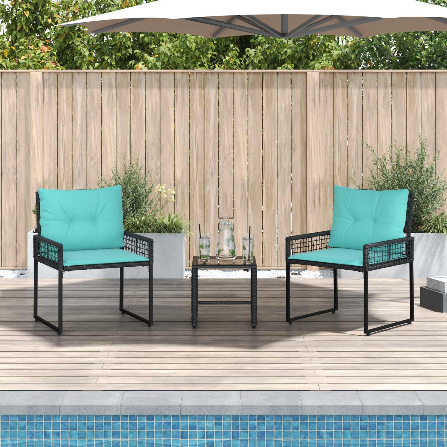 Buitenmeubelset met kussen 3 pcs Zwart en Turquoise