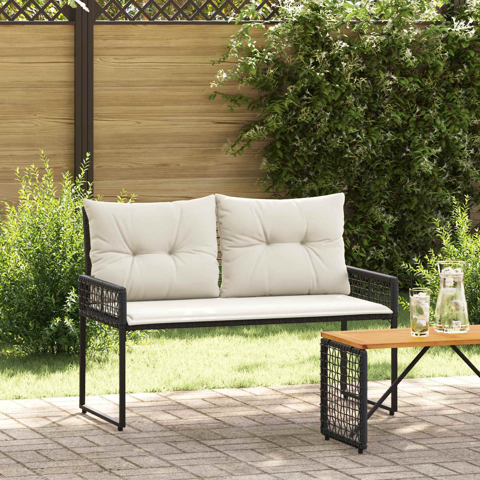 Tuinbank Zwart en Cream Wit 118 x 55 x 82 cm PE rattan en stof