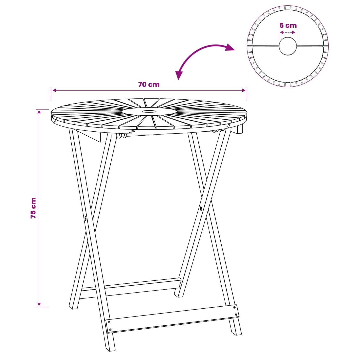 Vouw Tuin Tafel Naturel Ø70 x 75 cm Massief Acaciahout