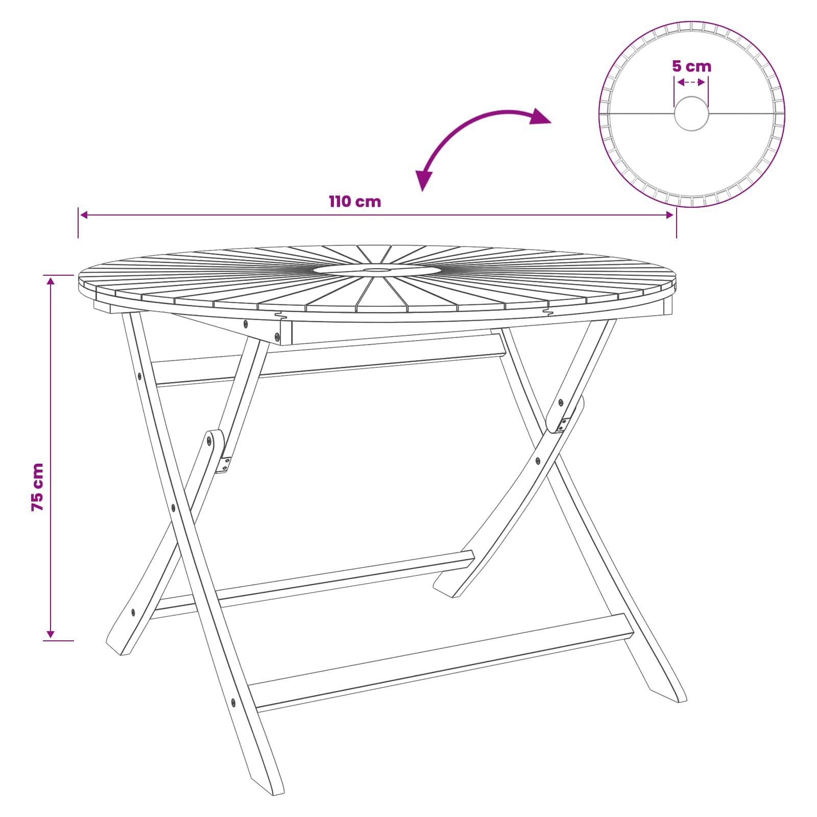 Vouw Tuin Tafel Naturel Ø110 x 75 cm Massief Acaciahout