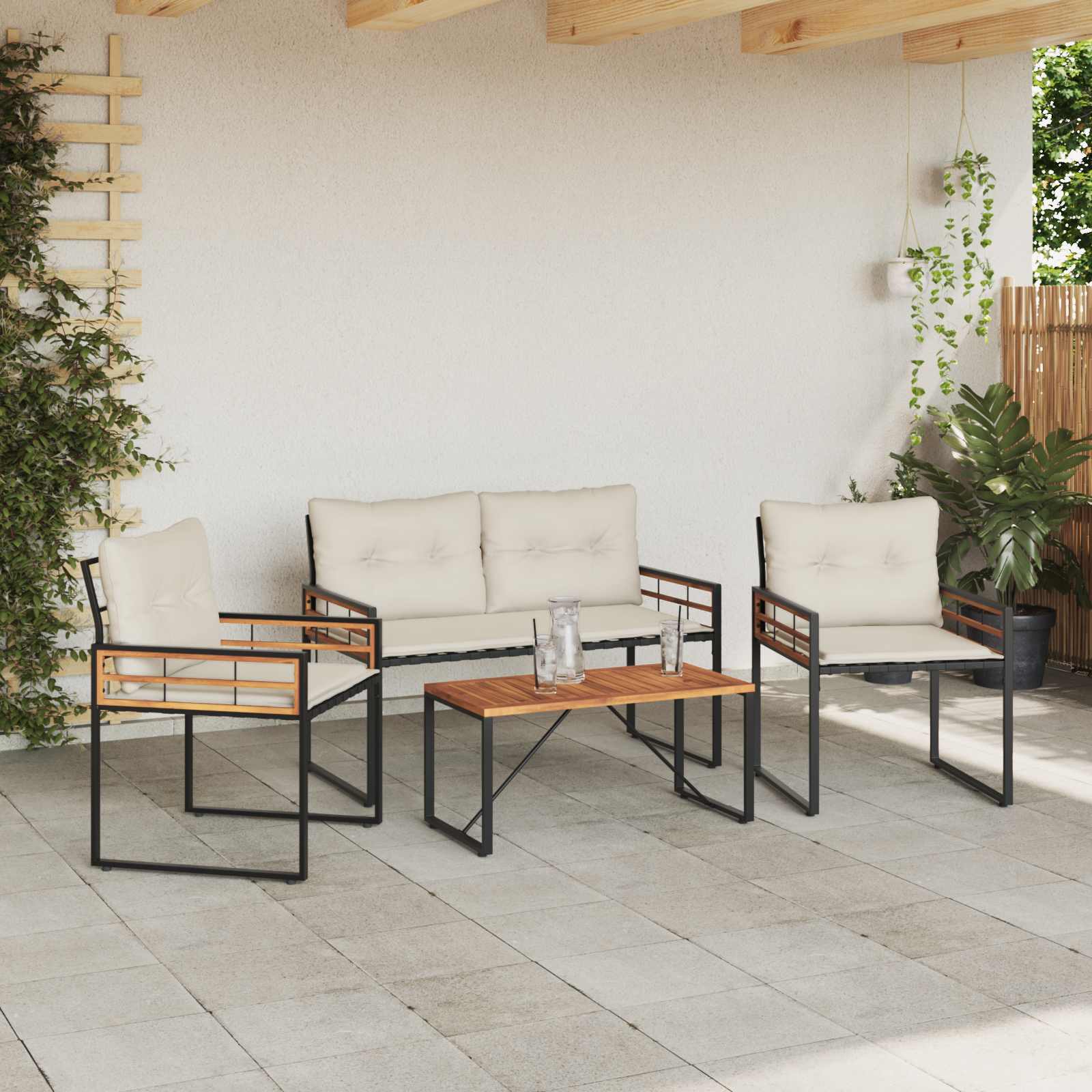 Buitenmeubelset Met Kussen 4 Pcs Crème Crèmewit Bank +2x stoel +tafel