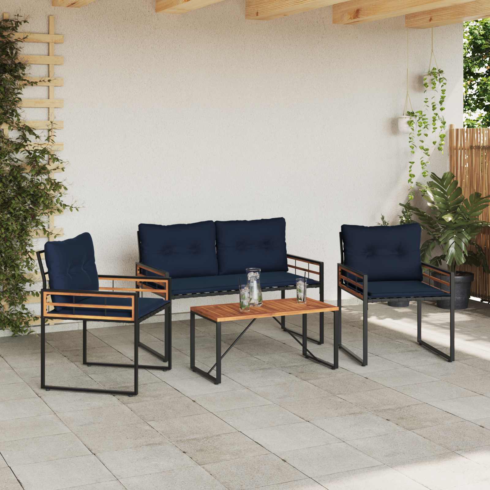 Buitenmeubelset Met Kussen 4 Pcs Marineblauw Bank +2x stoel +tafel
