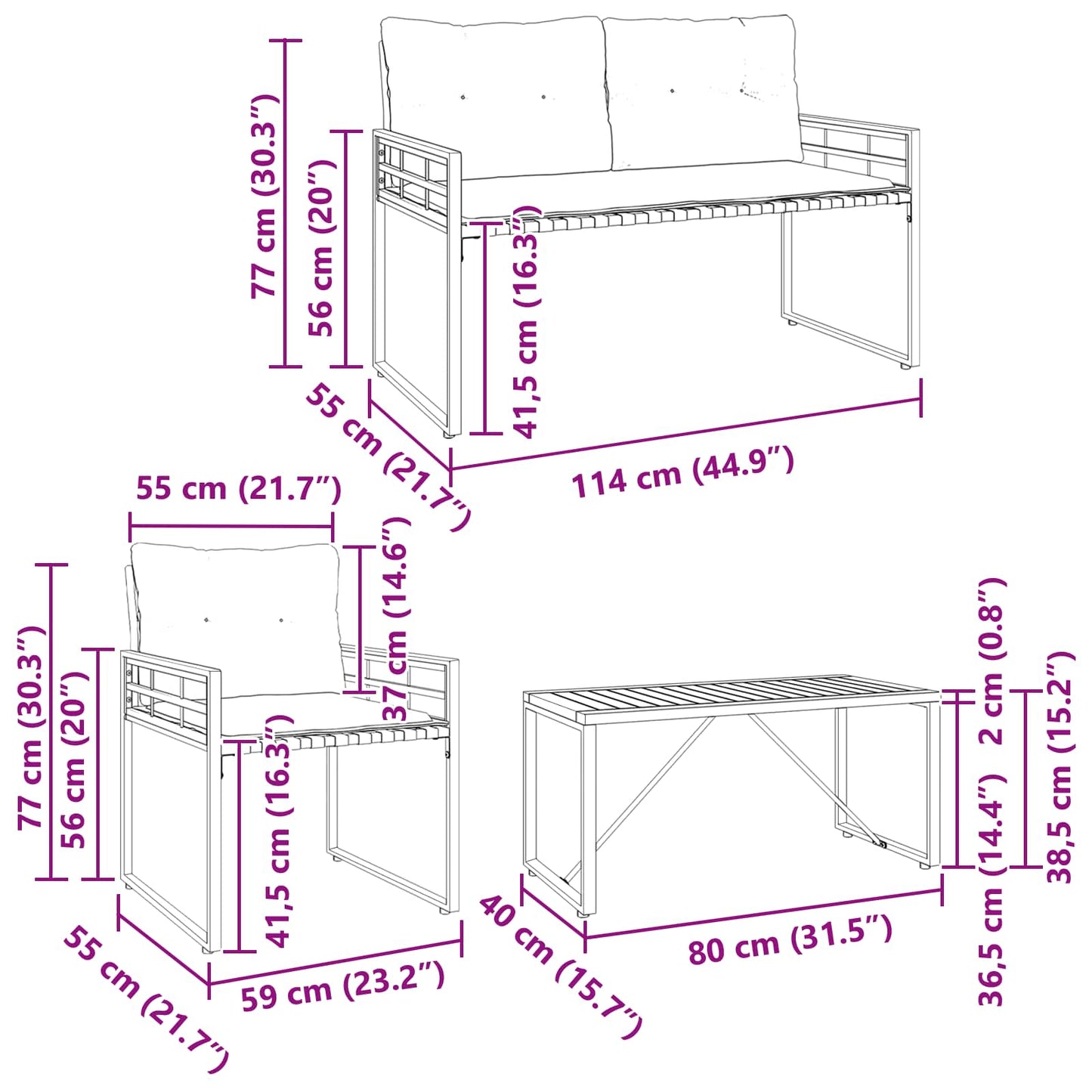 Buitenmeubelset Met Kussen 4 Pcs Marineblauw Bank +2x stoel +tafel