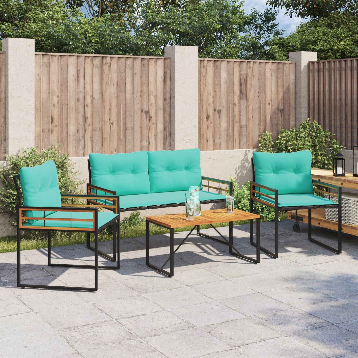 Buitenmeubelset Met Kussen 4 Pcs Turquoise Bank +2x stoel +tafel