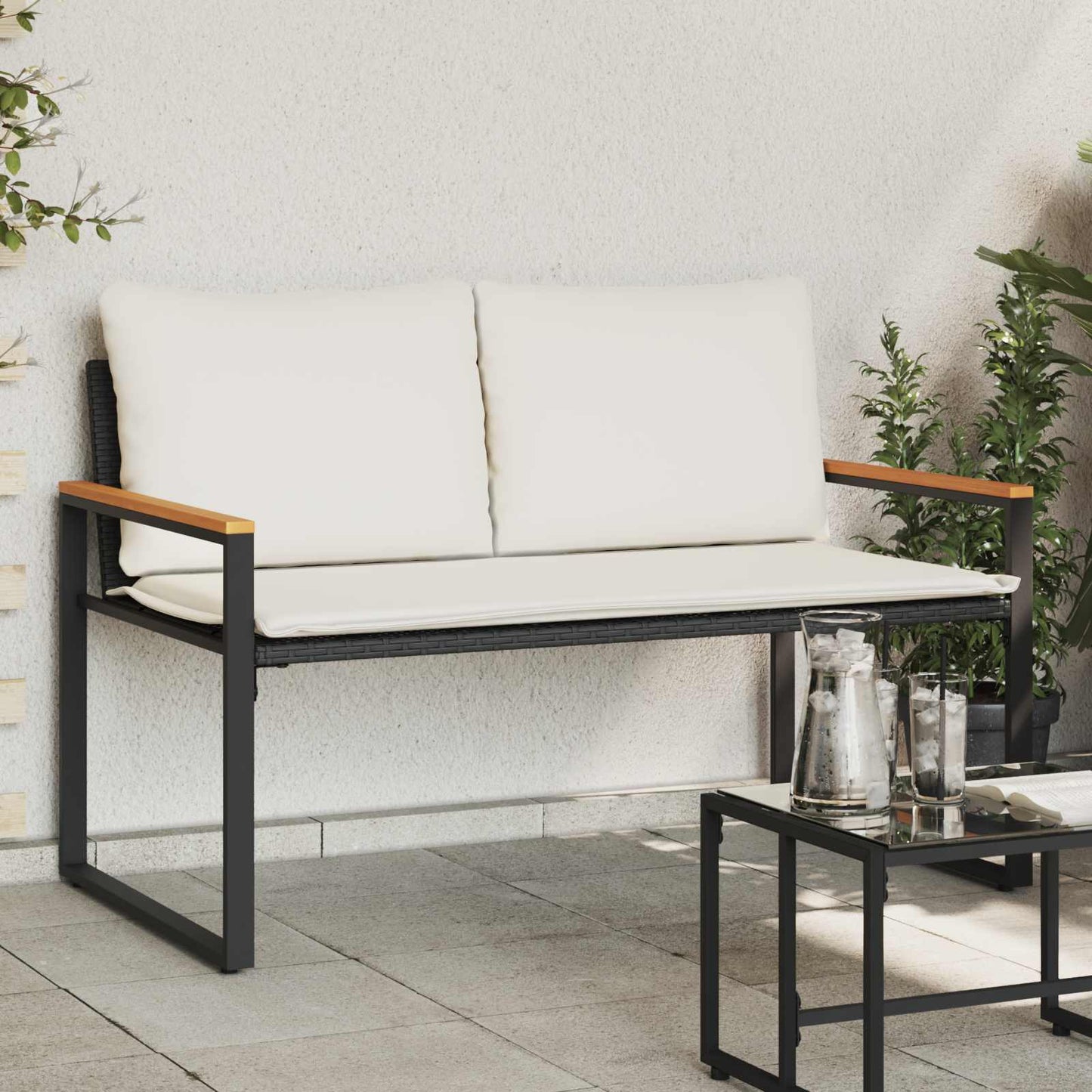Bank Met Kussen En Cream Wit 115 X 65 X 72 Cm Rattan Zwart en crèmewit