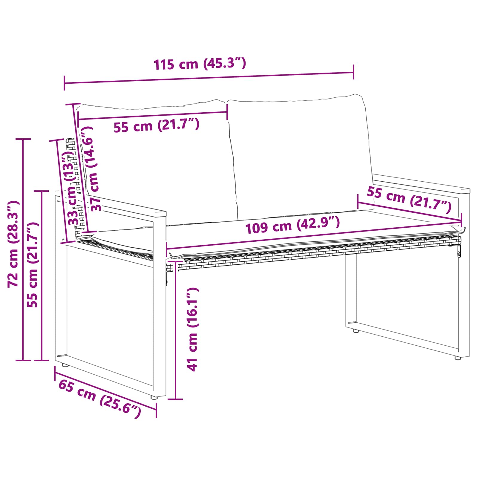 Bank Met Kussen En Cream Wit 115 X 65 X 72 Cm Rattan Zwart en crèmewit