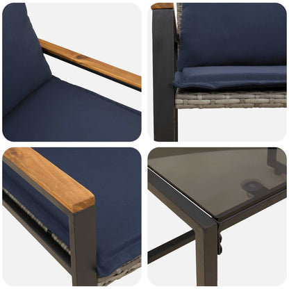 Meubelsets Met Kussen 3 Pcs Rattan grijs en marineblauw