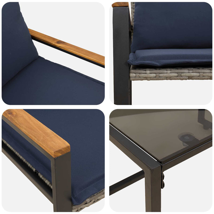 Meubelsets Met Kussen 3 Pcs Rattan grijs en marineblauw