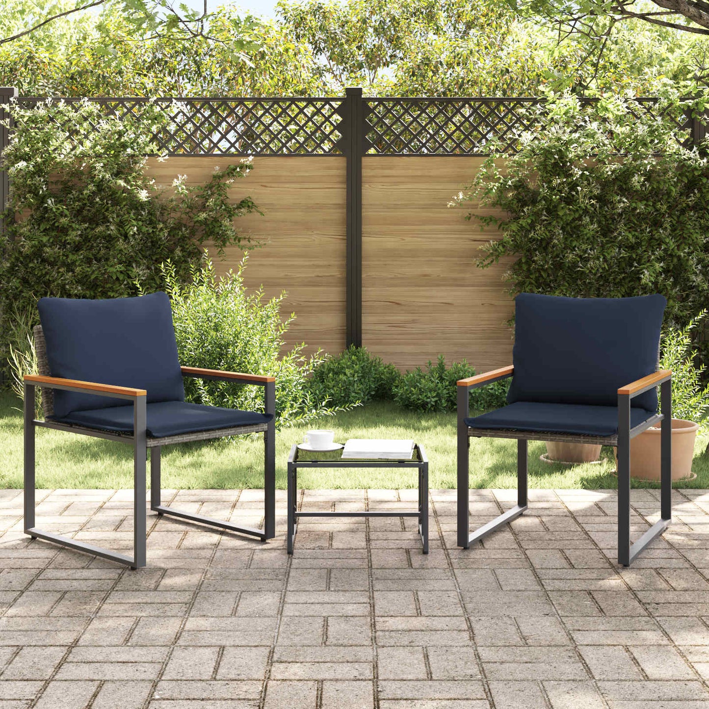 Meubelsets Met Kussen 3 Pcs Rattan grijs en marineblauw