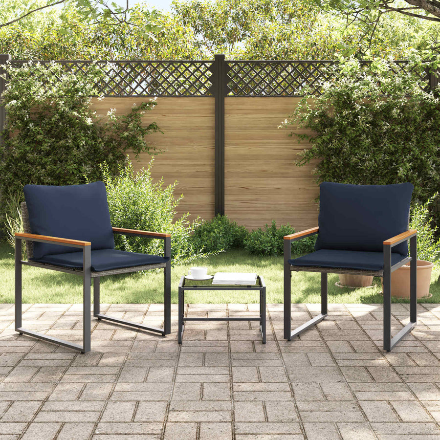 Meubelsets Met Kussen 3 Pcs Rattan grijs en marineblauw