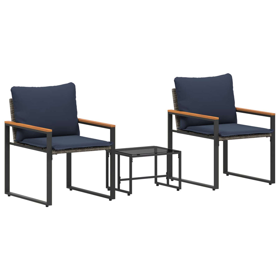 Meubelsets Met Kussen 3 Pcs Rattan grijs en marineblauw