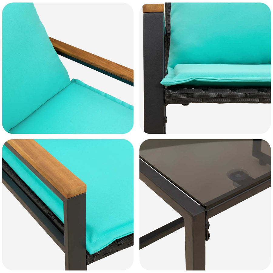 Meubelsets Met Kussen 3 Pcs Rattan Zwart en turquoise