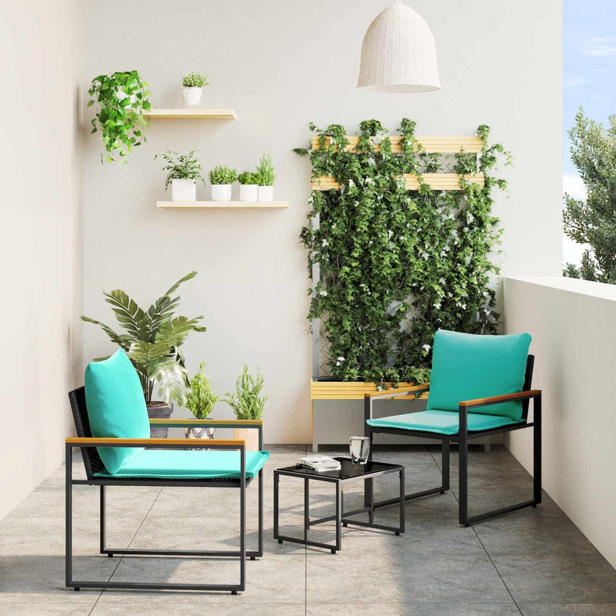 Meubelsets Met Kussen 3 Pcs Rattan Zwart en turquoise