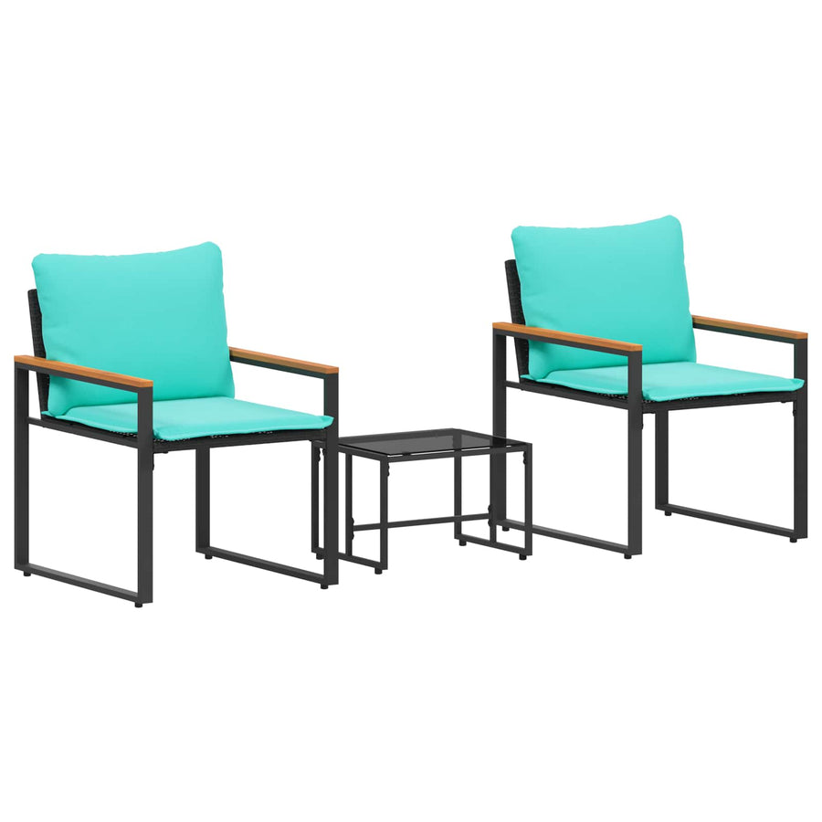 Meubelsets Met Kussen 3 Pcs Rattan Zwart en turquoise