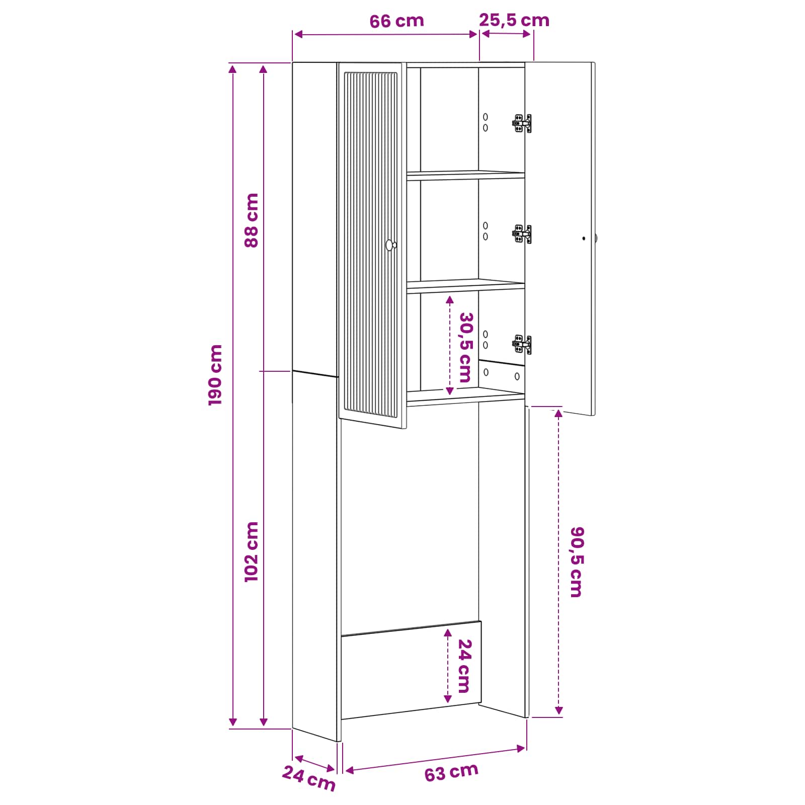 Toiletkast EDE Hoogglans Wit 66 x 25,5 x 190 cm Bewerkt hout