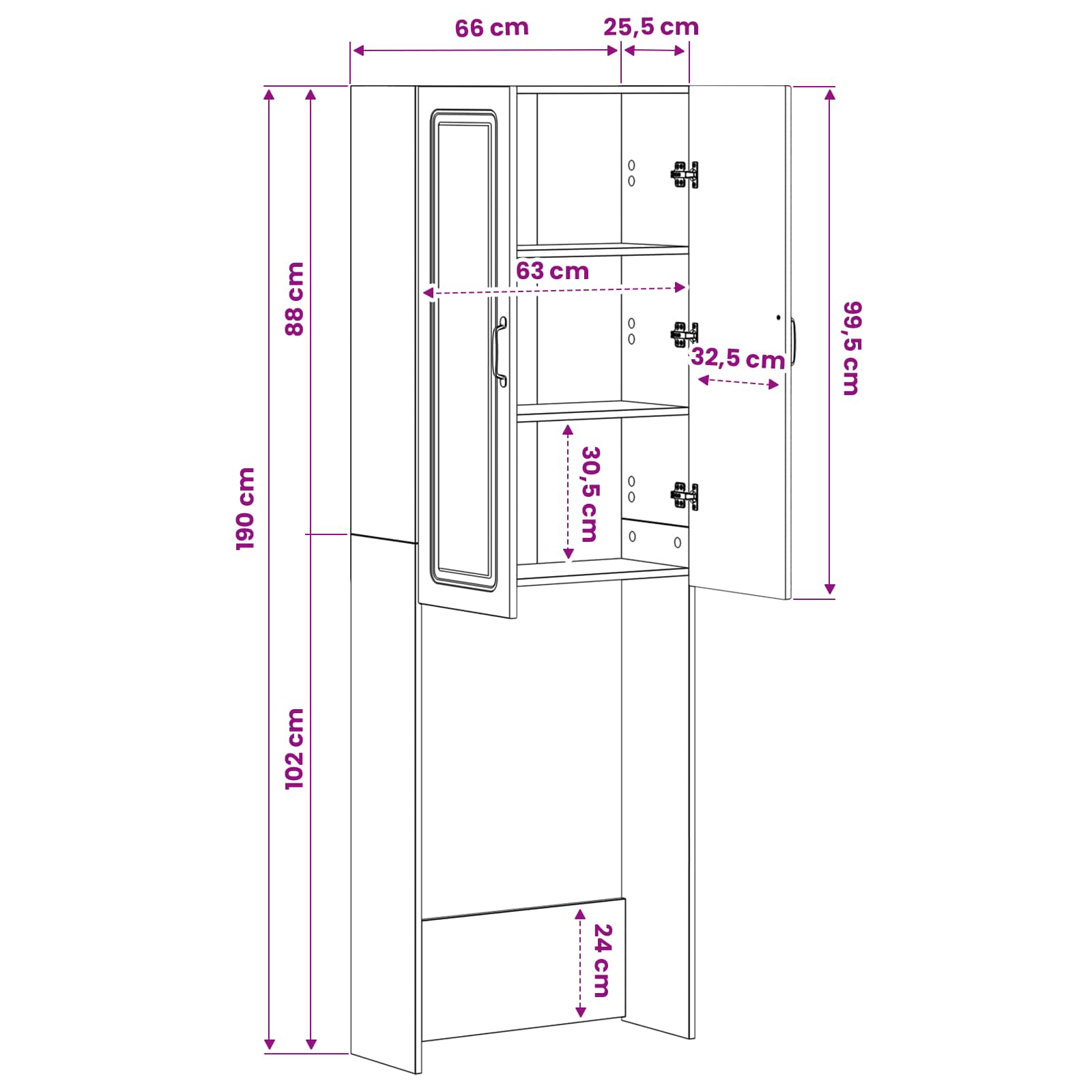 Toiletkast UTRECHT Hoogglans Wit 66 x 25,5 x 190 cm