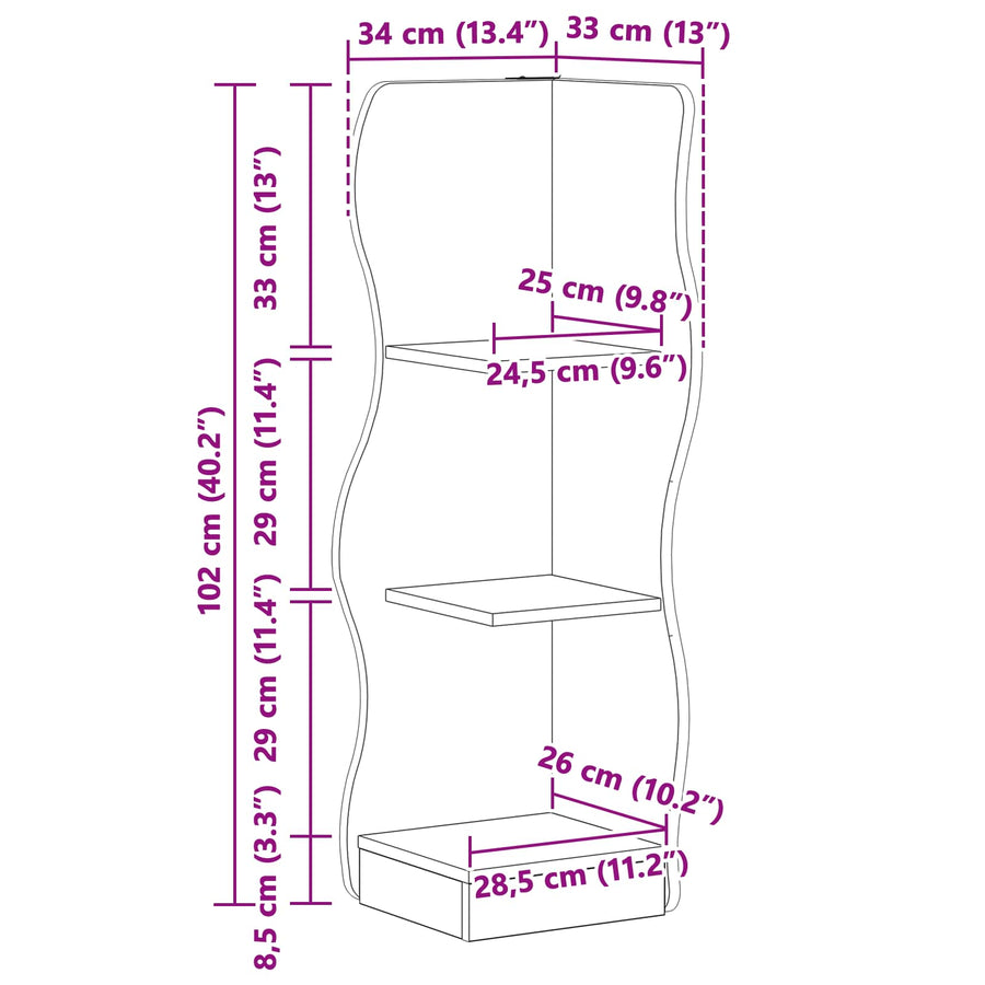 Hoekplank met plank Zwart 34 x 33 x 102 cm Bewerkt hout