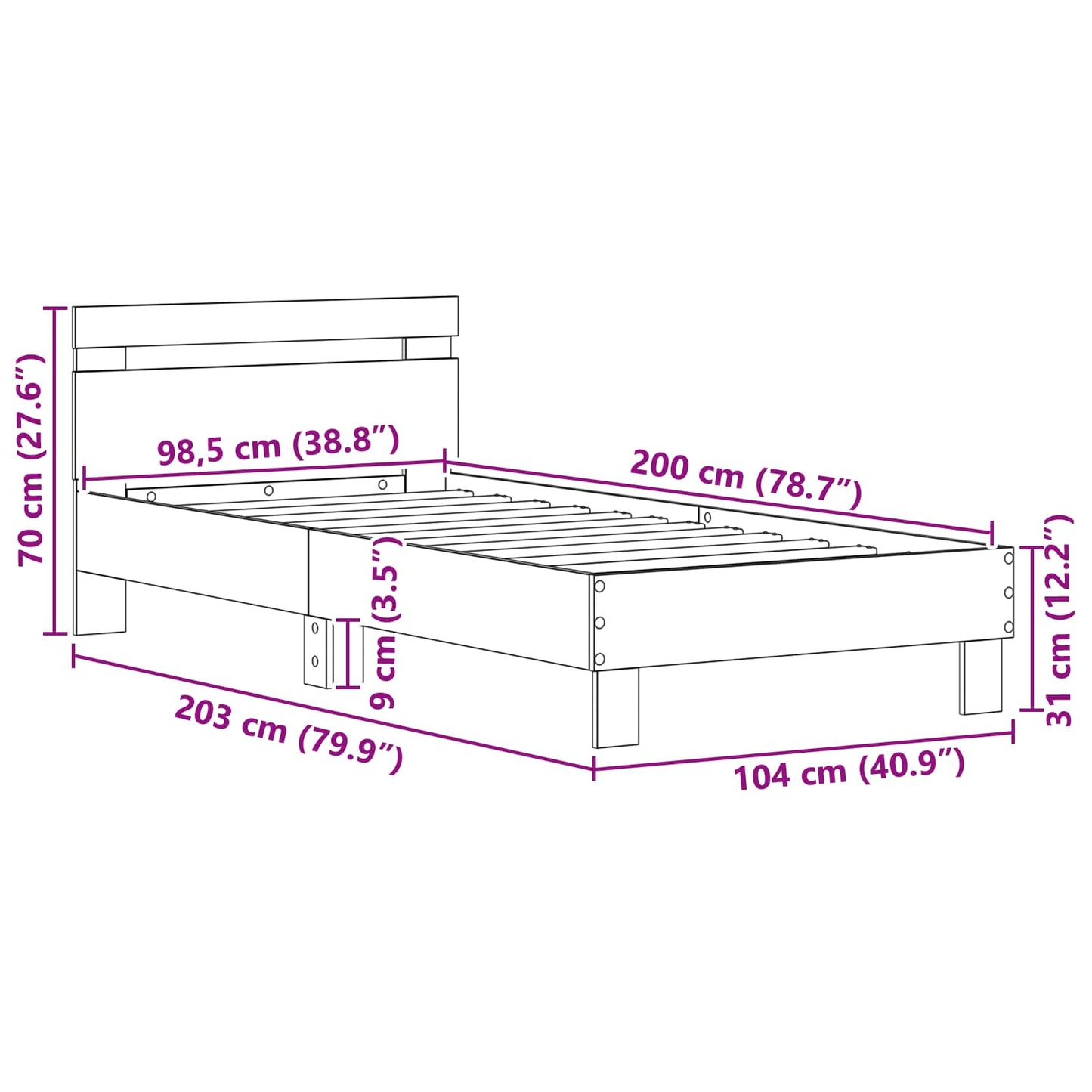 Bedframe Met Hoofdeinde Oudhout 98.5 X 200 Cm Bewerkt Hout 100 x 200 cm Oud hout