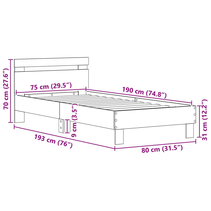 Bedframe met hoofdeinde Artisan Eiken 75 x 190 cm Bewerkt hout