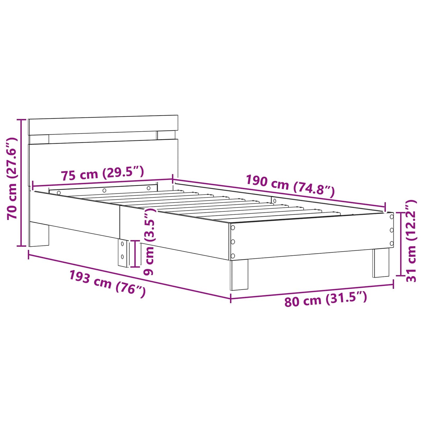 Bedframe met hoofdeinde Zwart Eiken 75 x 190 cm Bewerkt hout