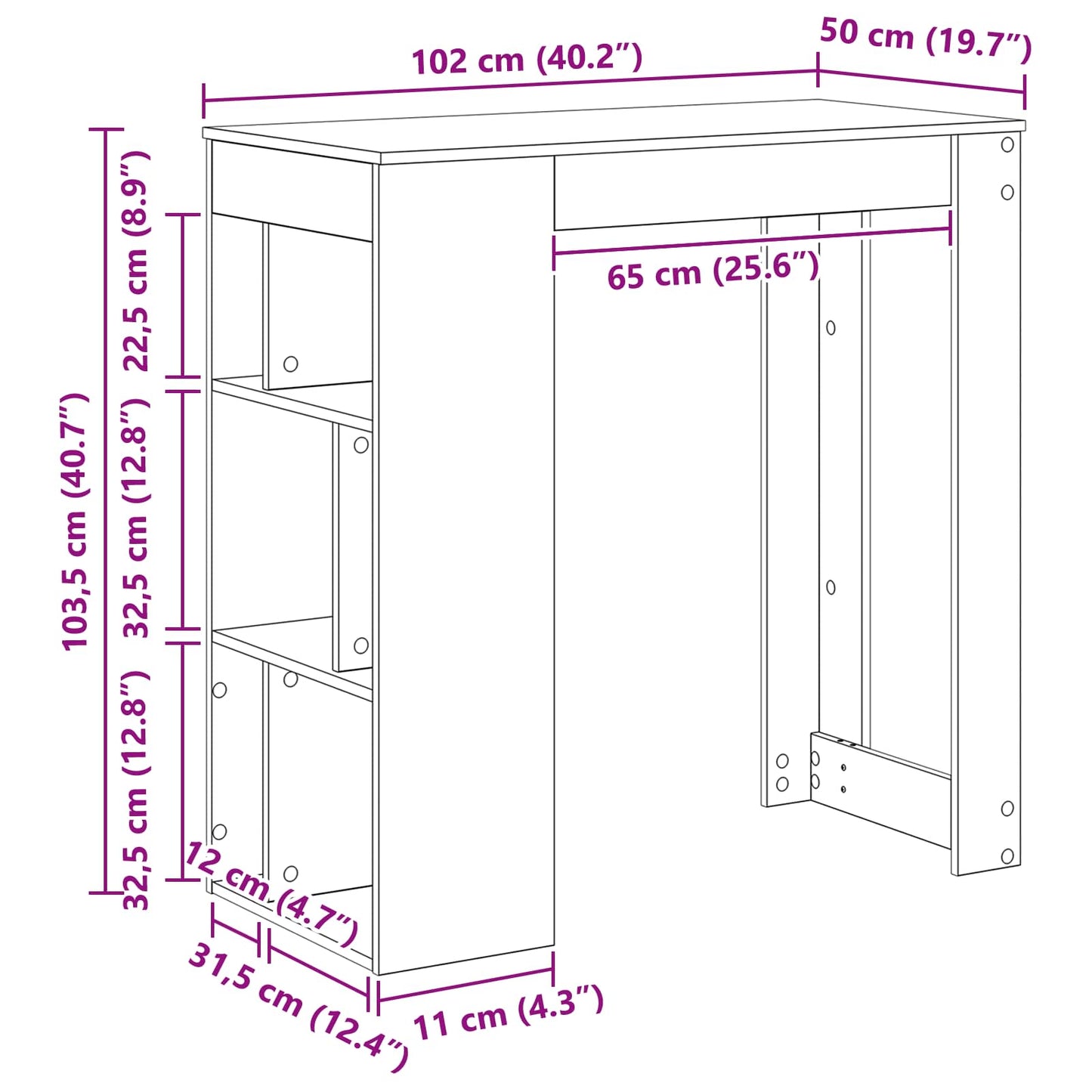 Bartafel Met Plank 102 X 50 X 103,5 Cm Bewerkt Hout Zwart eiken