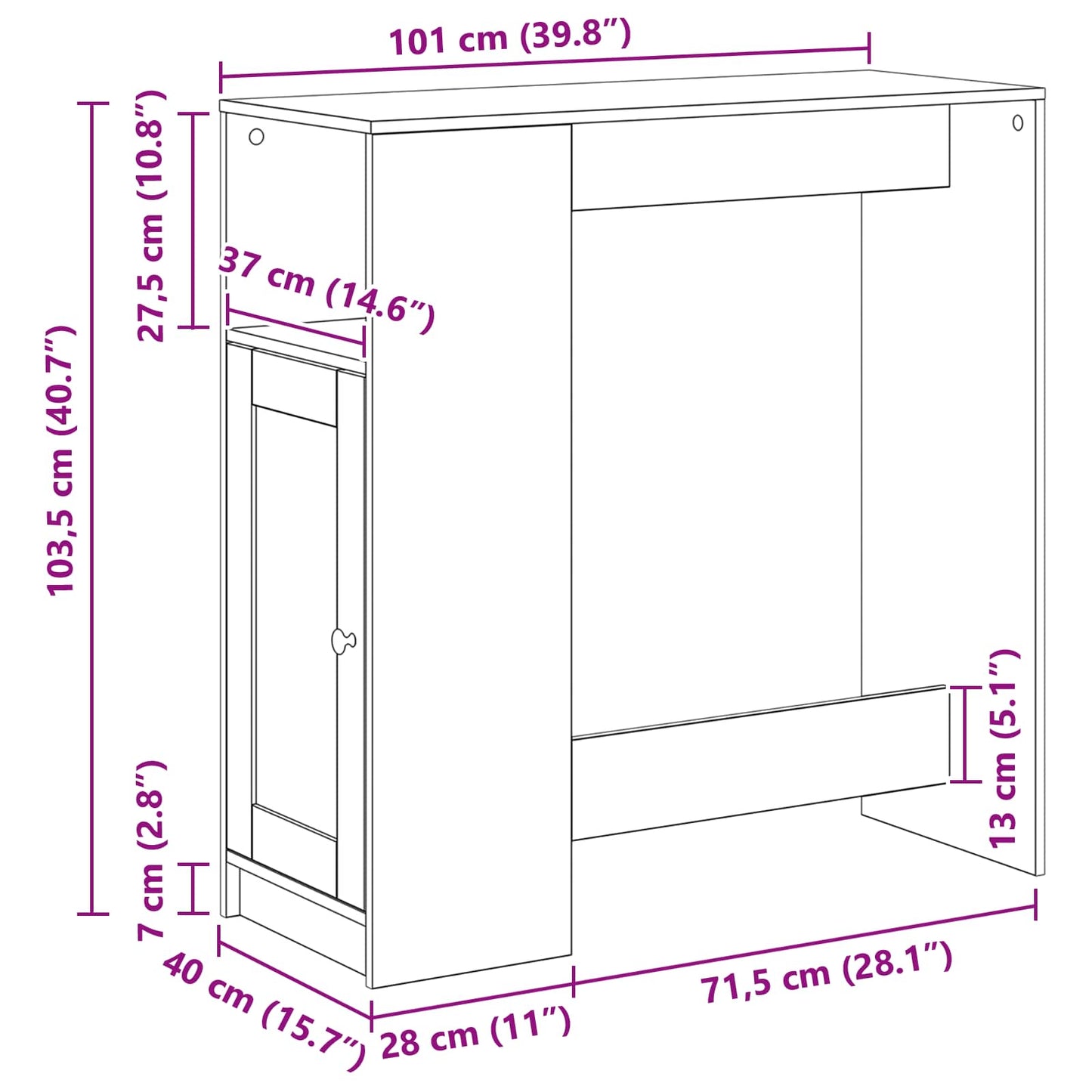 Bartafel Met Plank 101 X 40 X 103,5 Cm Bewerkt Hout Zwart eiken