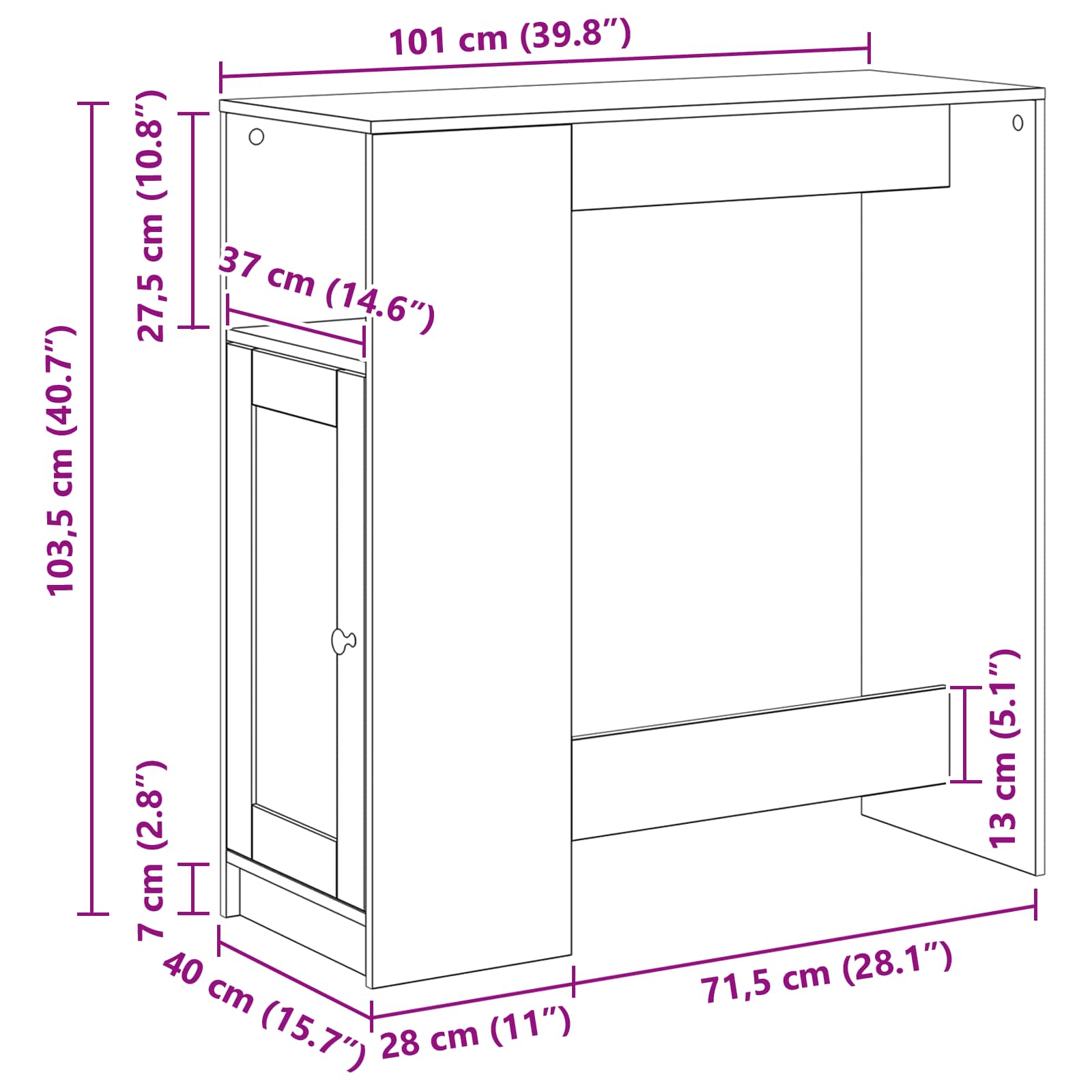 Bartafel Met Plank 101 X 40 X 103,5 Cm Bewerkt Hout Zwart eiken