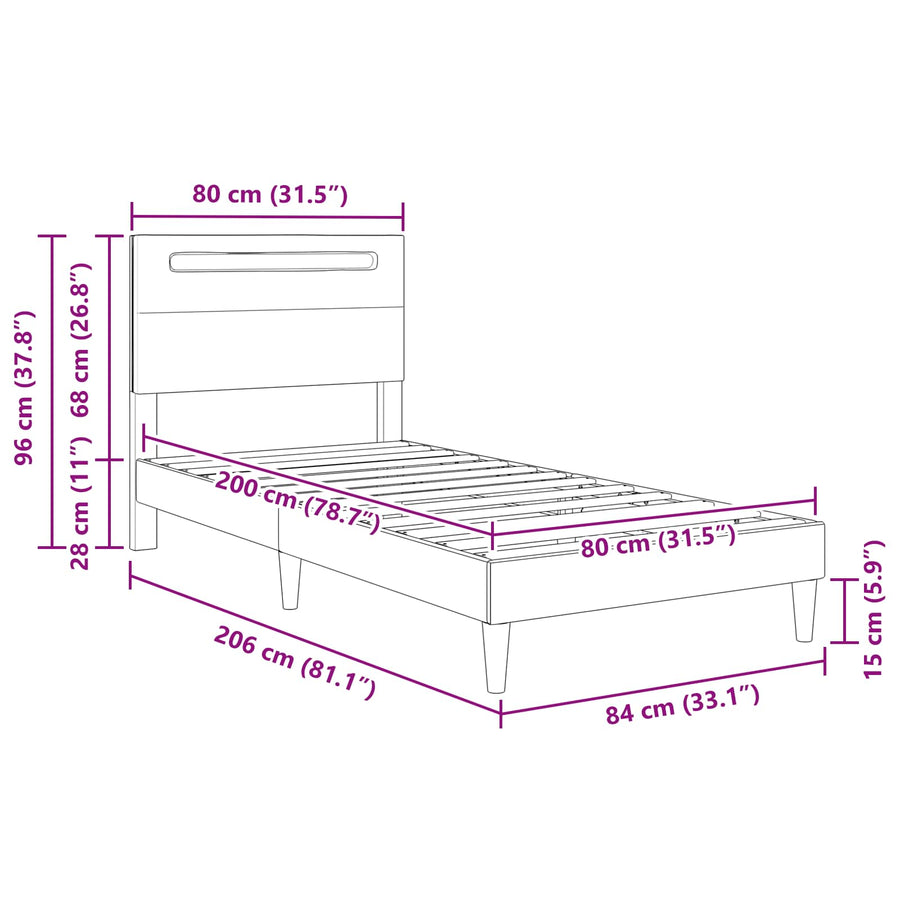 Bedframe met LED-stripverlichting Grijs 80 x 200 cm Kunstleer