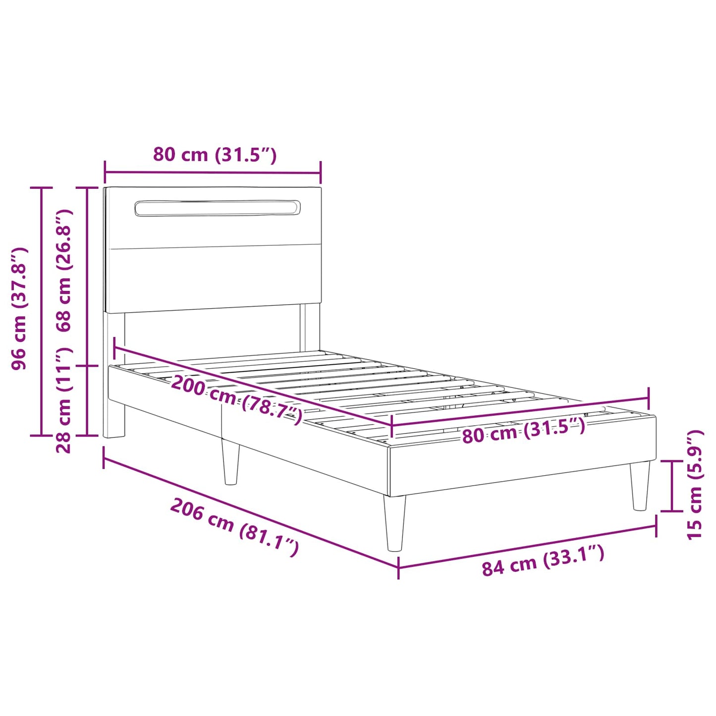 Bedframe met LED-stripverlichting Zwart 80 x 200 cm Kunstleer
