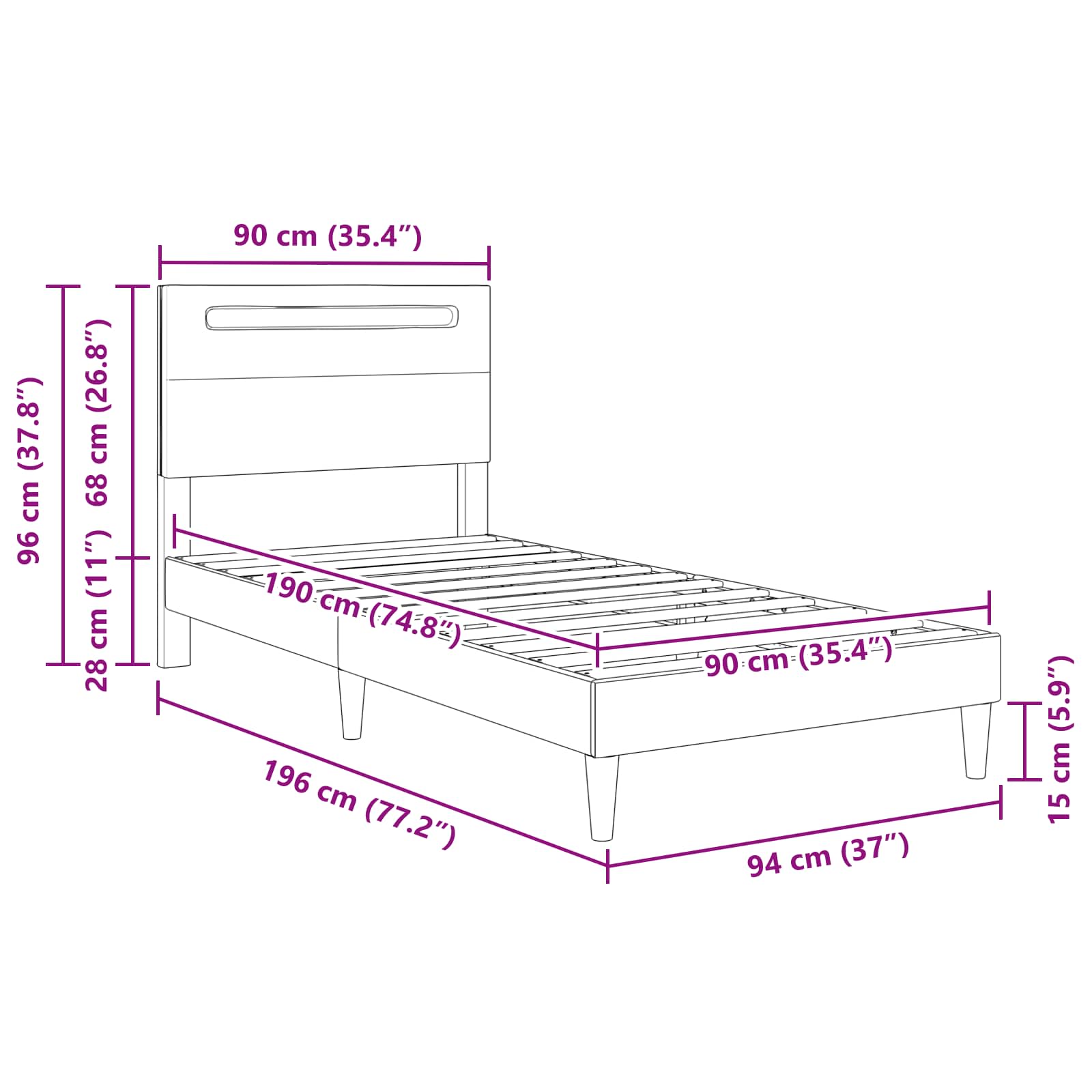 Bedframe met LED-stripverlichting Zwart 90 x 190 cm Kunstleer