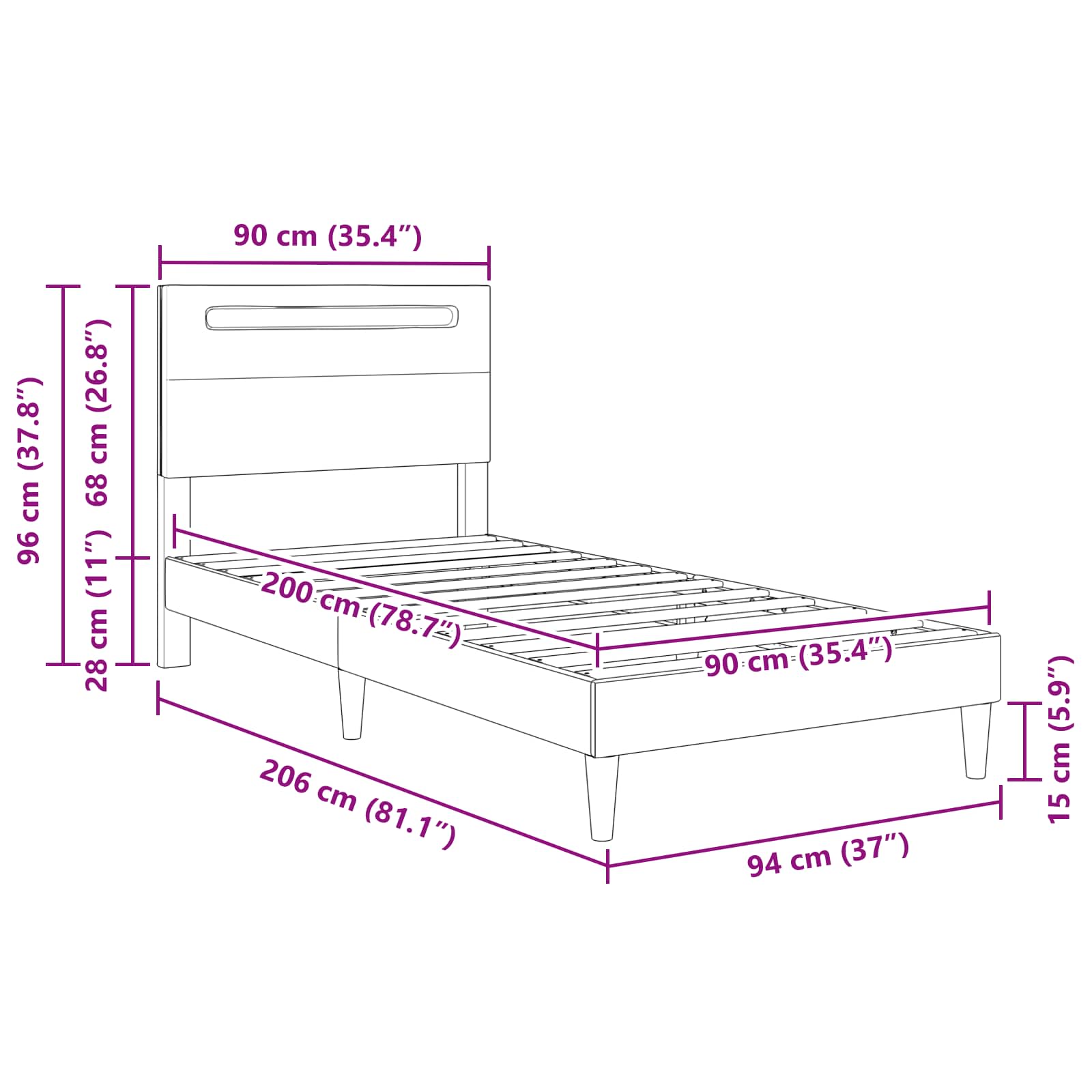 Bedframe met LED-stripverlichting Grijs 90 x 200 cm Kunstleer