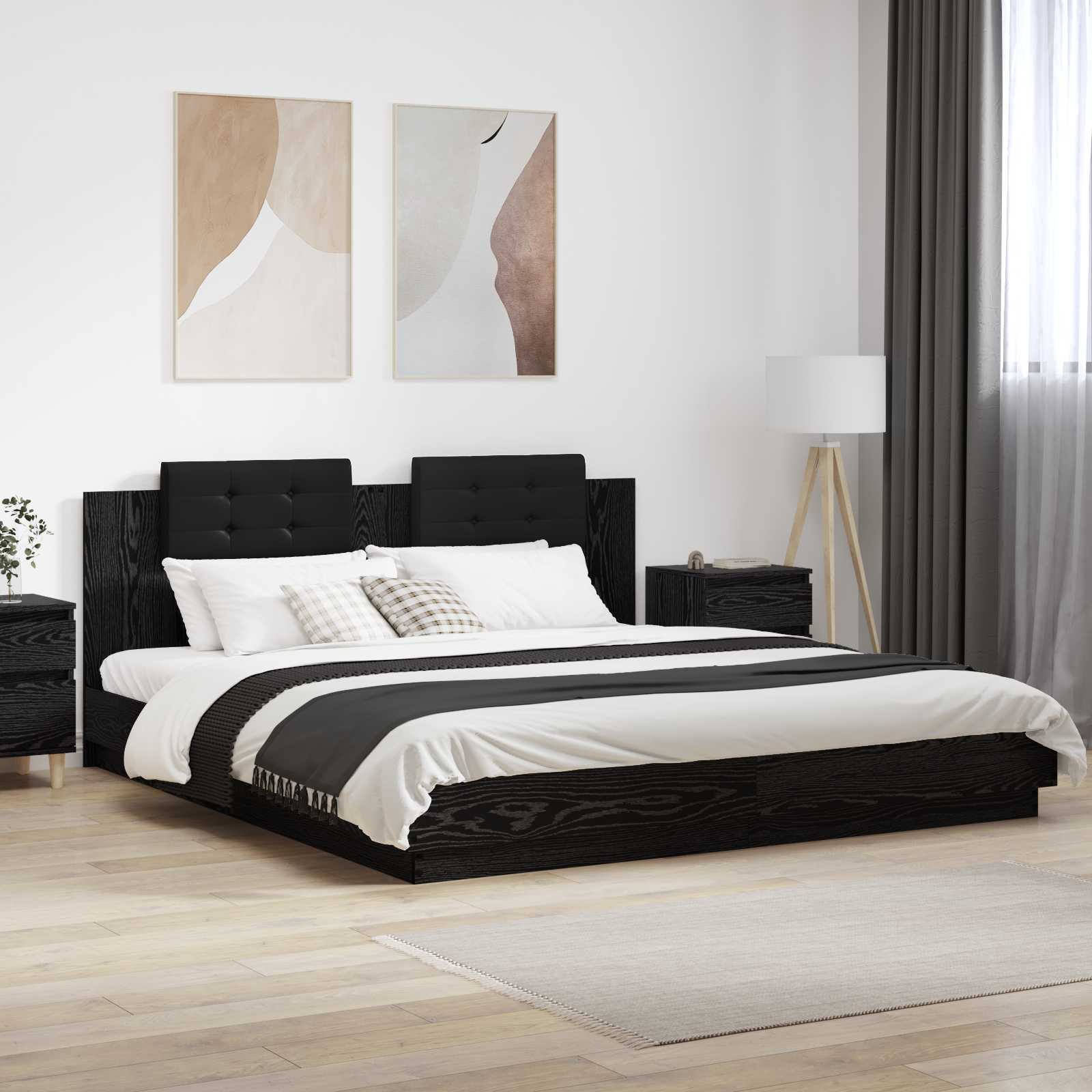 Bedframe met Hoofdeinde Zwart Eiken 200 x 200 cm Bewerkt hout