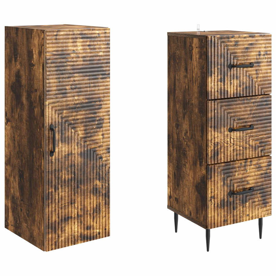 Kastenset 2 pcs Gerookt eiken 33 x 34,5 x 90 cm Bewerkt hout