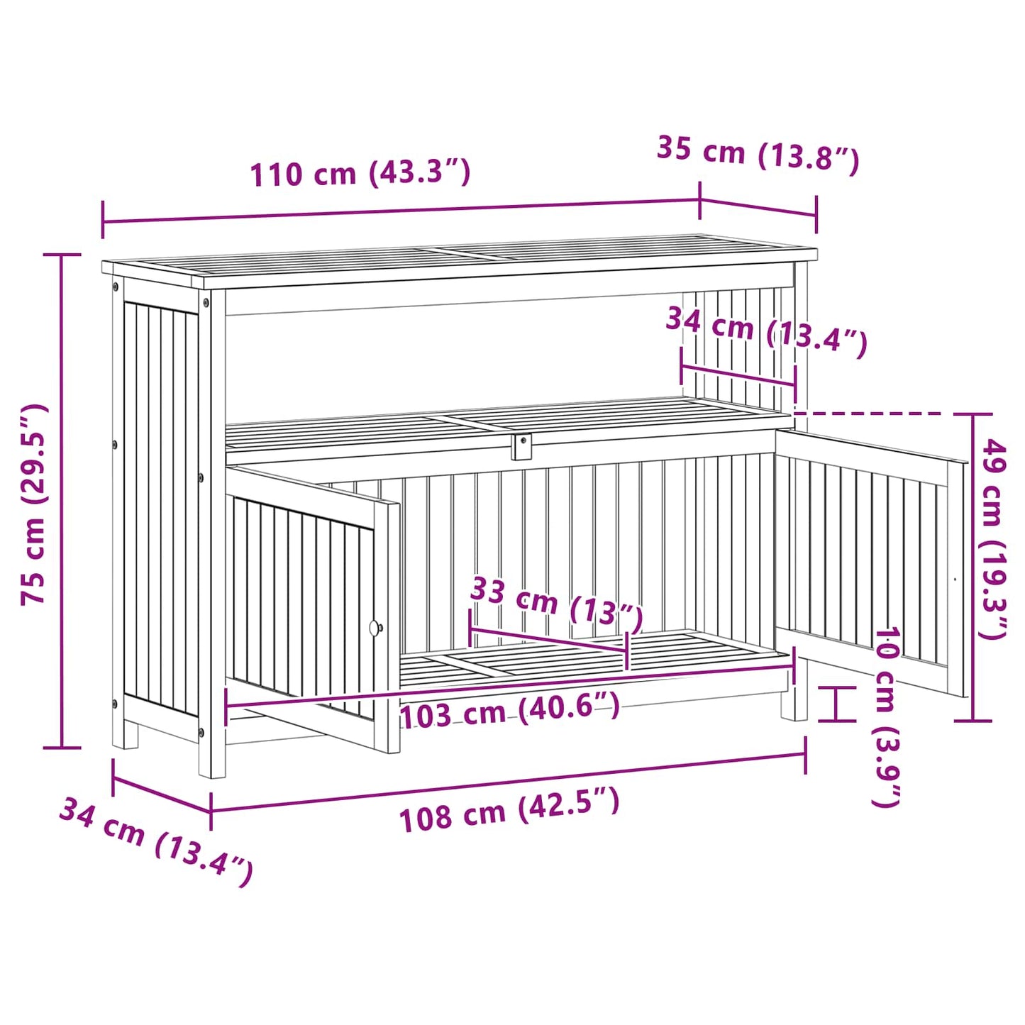 Tuin Console Tafel met opslag Licht acacia 110 x 35 x 75 cm