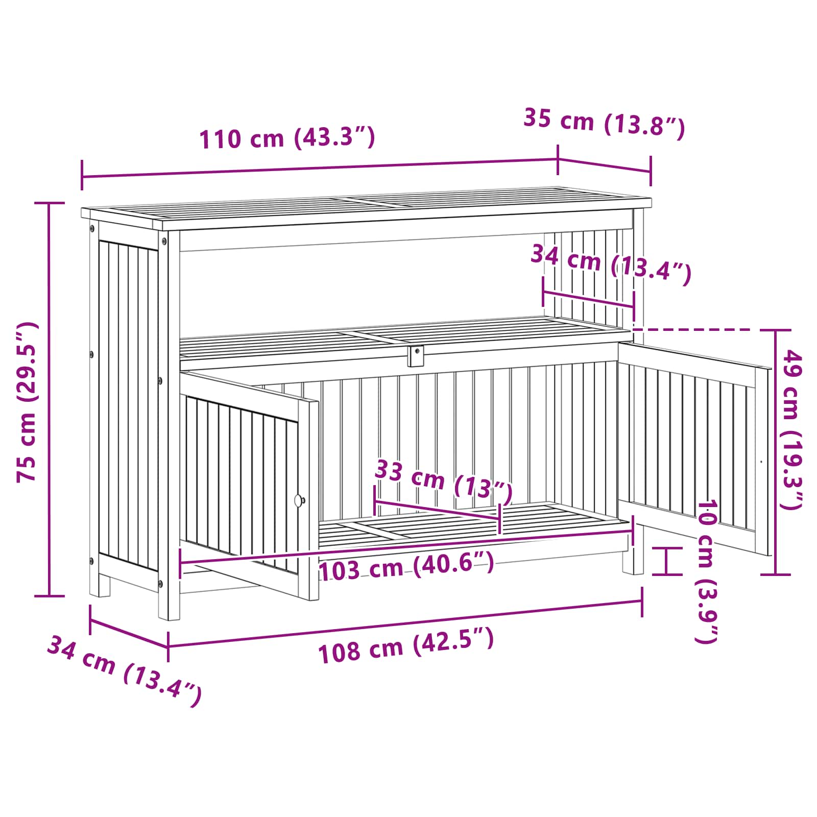 Tuin Console Tafel met opslag Licht acacia 110 x 35 x 75 cm
